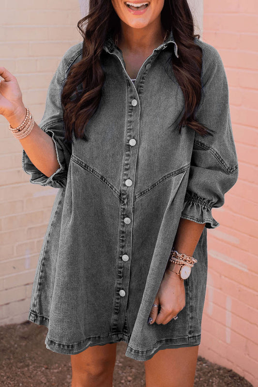 Gray Casual Buttoned Ruffle Cuffs Denim Short Dress