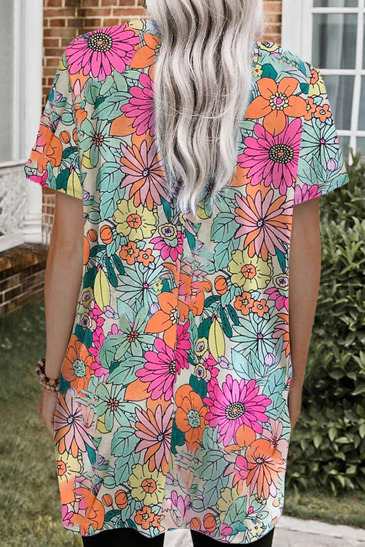 Multicolor Boho Flower Print Short Sleeve Tunic Top