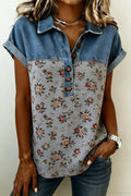 Gray Retro Floral Print Denim Patchwork Buttoned Polo Collar Tee