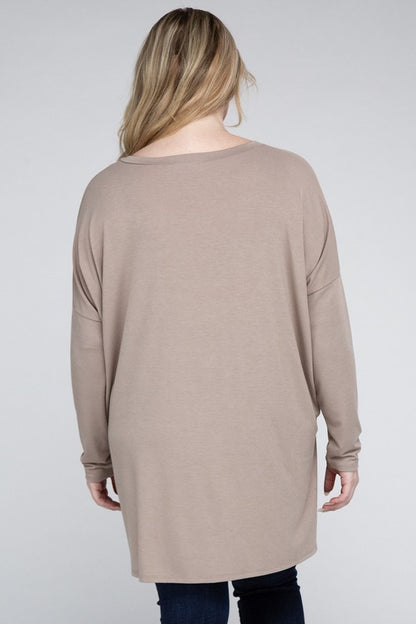 Plus Dolman Sleeve V-Neck Side Slit Hi-Low Hem Top