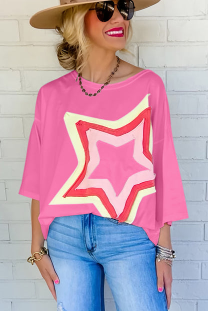 Bonbon Colorblock Star Patched Half Sleeve Oversized Tee