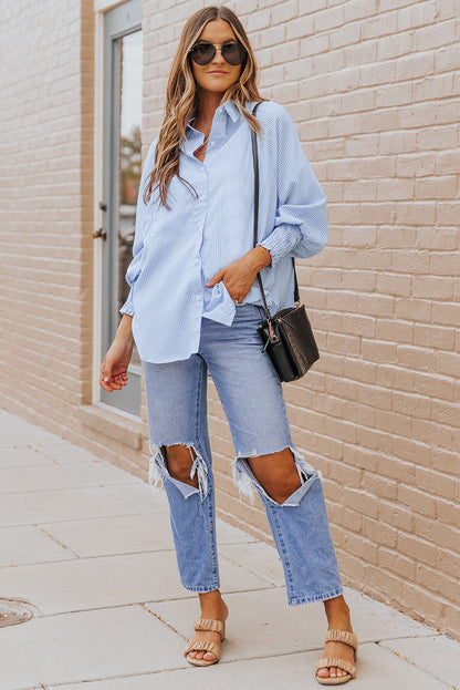 Black Striped Casual Shirred Cuffs Shirt