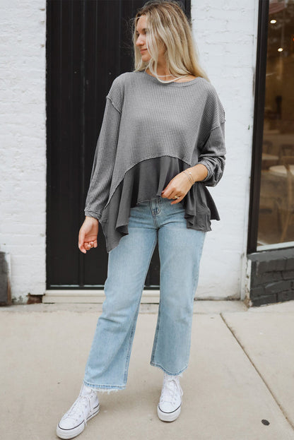 Grey Waffle Knit Patchwork Long Sleeve Top