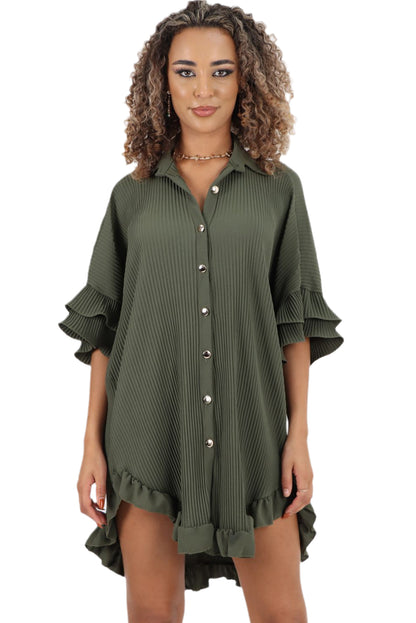 Moss Green Pleated Ruffle Sleeve Oversized Shirt Dress