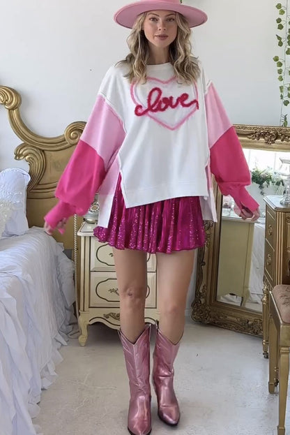 White Tinsel Love Heart Graphic Color Block Sweatshirt