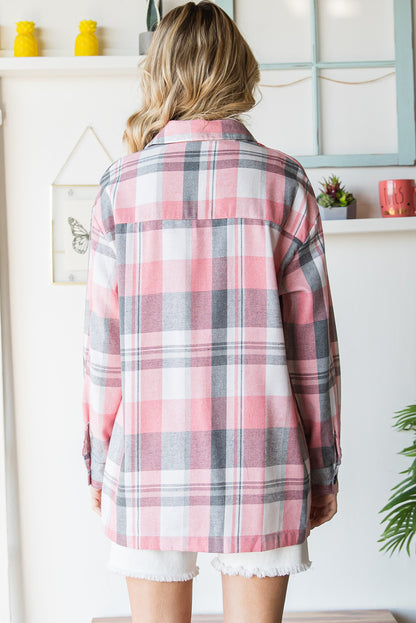 Pink Long Sleeve Collared Button Up Flannel Shirt