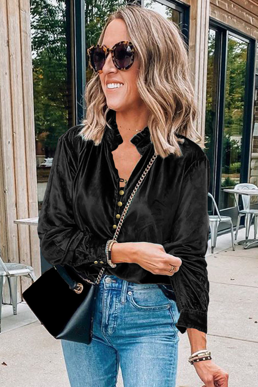 Navy Blue Frilled Buttoned V Neck Velvet Blouse