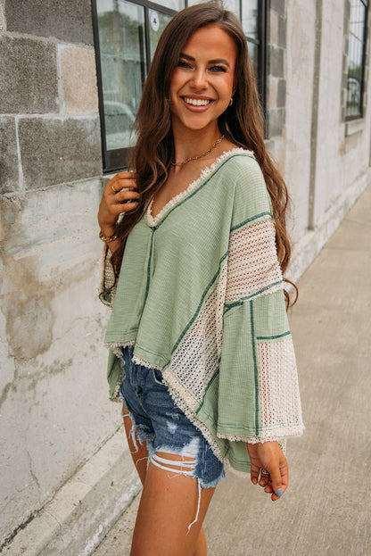 Grass Green Crochet Patchwork Exposed Seam High Low Loose Top