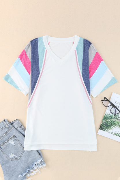 Pink Stripe Patchwork V Neck T Shirt