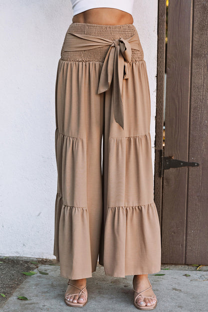 Khaki Lace up Smocked Waist Tiered Wide Leg Pants