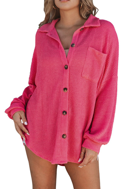 Hot Pink Pocket Buttons Front Waffle Knit Top