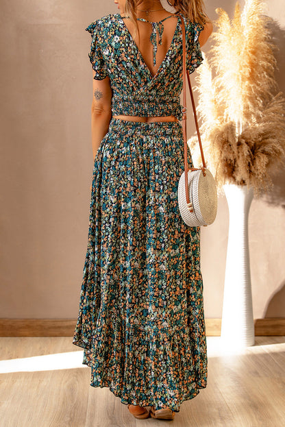 Ditsy Floral Print Ruffled Crop Top & Flounce Hem Maxi Skirt Set