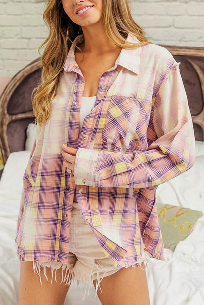 Purple Plaid Long Sleeve Collared Button Up Shirt