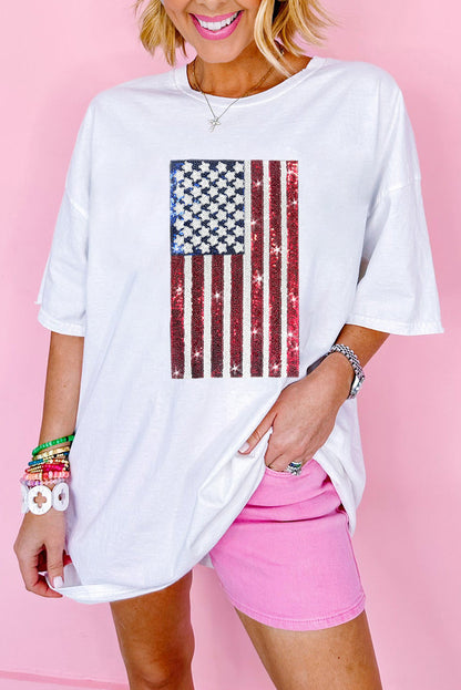 White Sequined American Flag Graphic Crewneck Oversized Tee