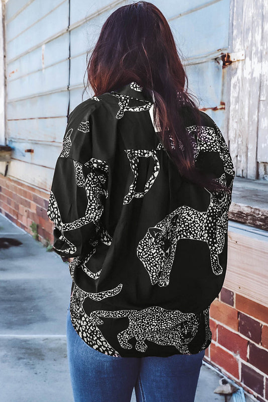 Black Cheetah Print Long Sleeve Satin Shirt