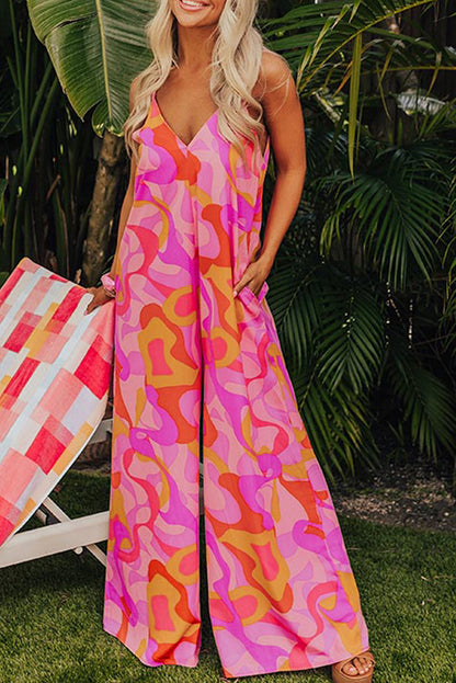 Pink Abstract Print V Neck Slouchy Wide Leg Jumpsuit