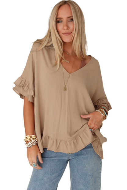 Light Beige Loose Ruffle Trim V Neck Blouse