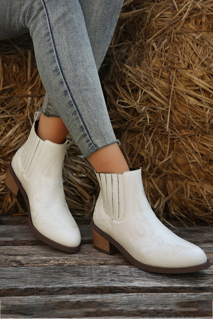 White Embroidered Leather Thick Heel Booties