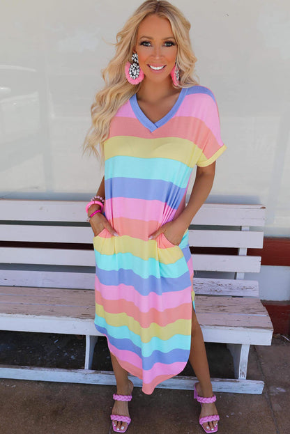 Multicolor Striped V Neck Side Slits T Shirt Dress with Pockets