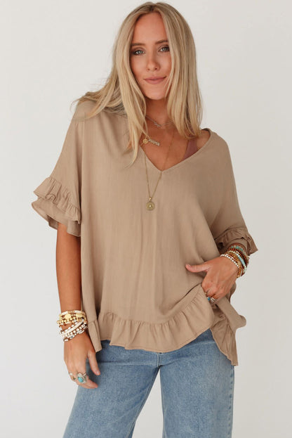 Light Beige Loose Ruffle Trim V Neck Blouse