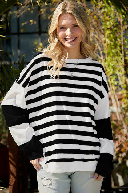 Blue Striped Casual Drop Shoulder Pullover Sweatshirt