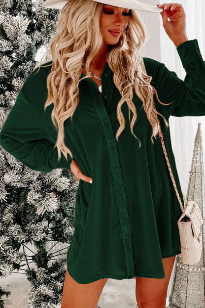 Flaxen Velvet Button Front Shirt Mini Dress