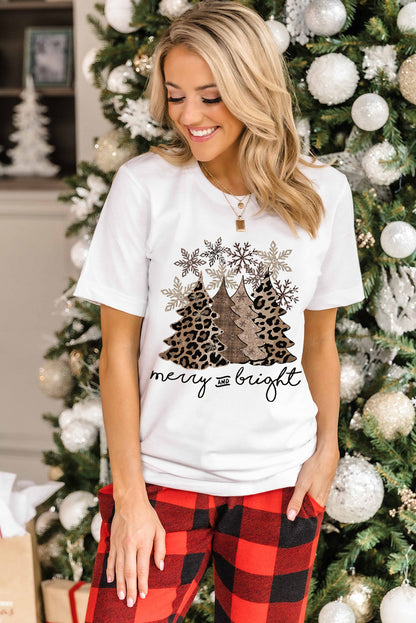 Black Leopard Christmas Tree Heat Transfer Printing Crew Neck Graphic T Shirt