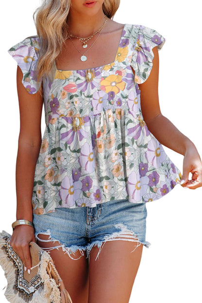 Purple Floral Print Flowy Flutter Sleeveless Shirt