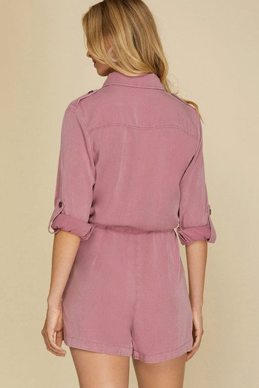 Pink Roll-up Sleeve Flap Pockets Drawstring Romper