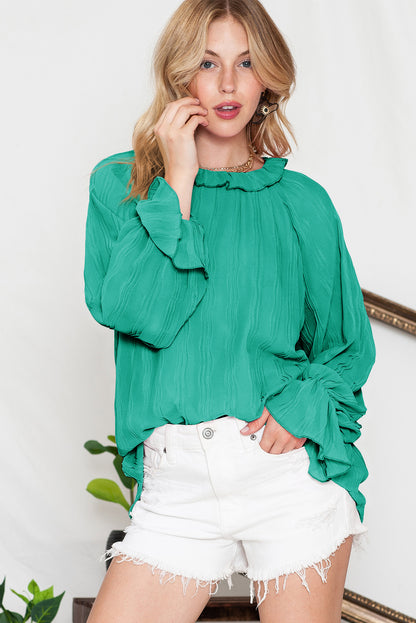 Green Crinkle Frilled Neck Pleated Long Sleeve Blouse