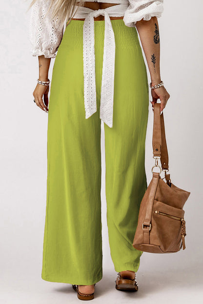 Khaki Smocked Wide Waistband High Waist Wide Leg Pants