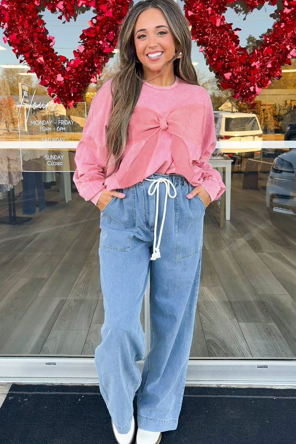 Bright Pink Mineral Wash Waffle Bow Patched Pullover Sweatshirt