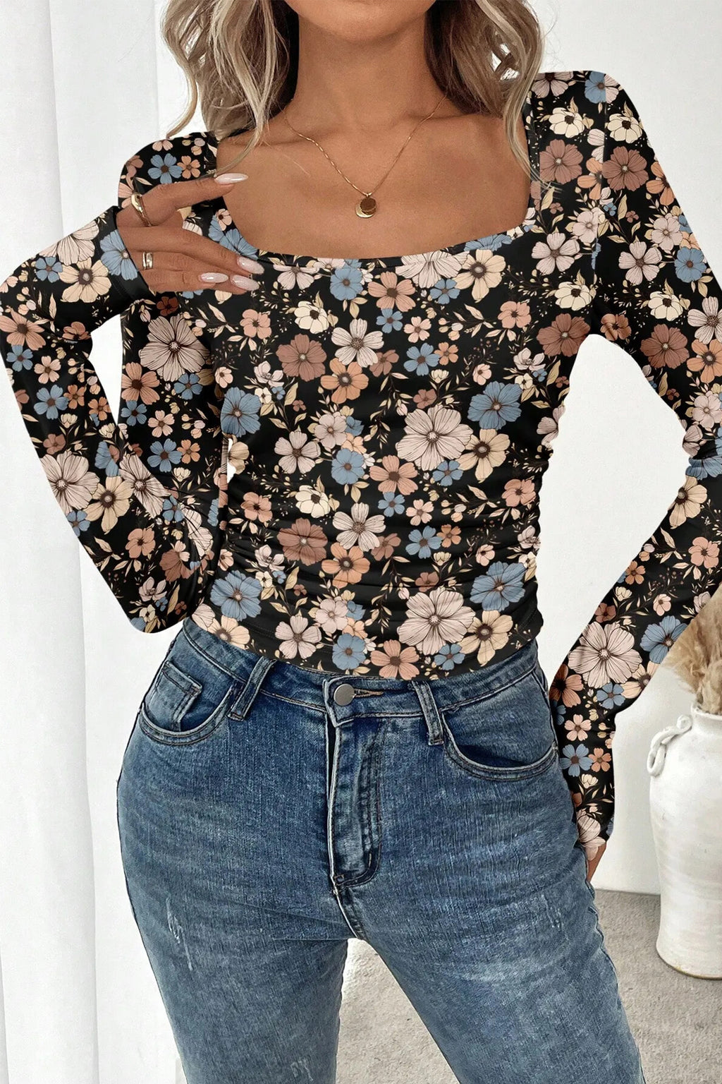 Black Leopard/Floral Print Slim Long Sleeve T Shirt