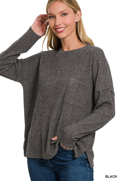 Ribbed Brushed Melange Hacci Sweater with a Pocket