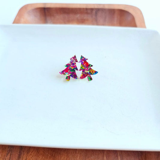 Christmas Tree Studs - Pink Sparkle