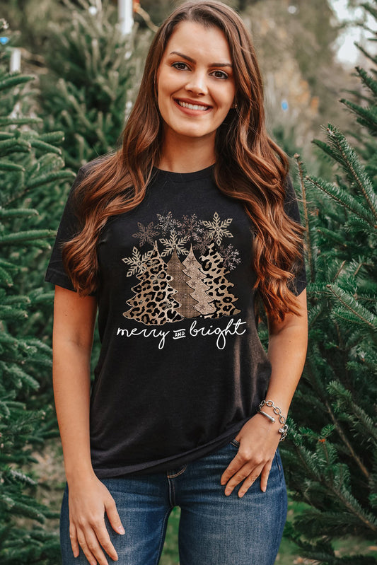 Black Leopard Christmas Tree Heat Transfer Printing Crew Neck Graphic T Shirt