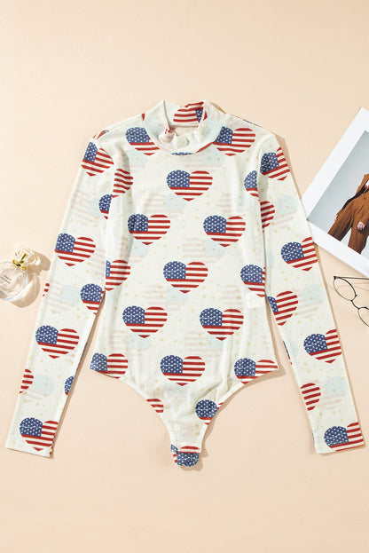 White Heart USA Flag Print Glitter Mesh Bodysuit