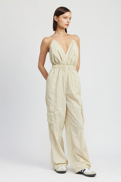 SPAGHETTI STRAP CARGO JUMPSUIT