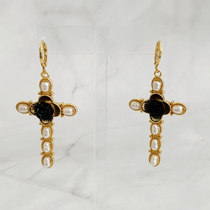 Black Rose Cross Earrings