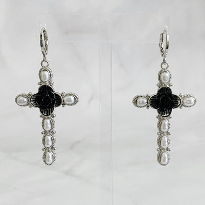 Black Rose Cross Earrings