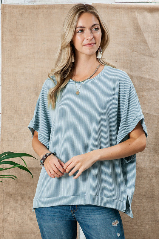 Sky Blue Plain Ribbed Knit Batwing Sleeve Tunic Oversized T Shirt