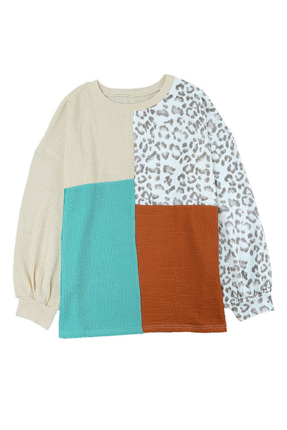 Cheetah Print Color Block Casual Pullover Long Sleeve Top