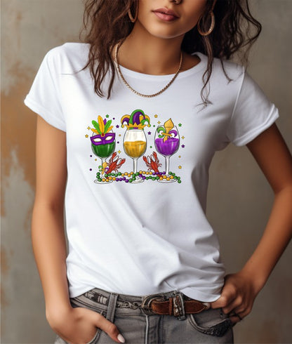 Mardi Gras Wine Glass Crew Neck Graphic Tee