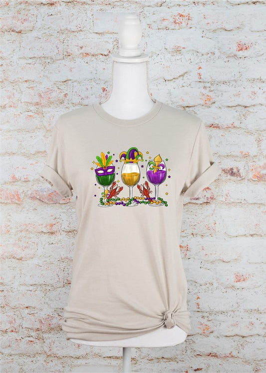 Mardi Gras Wine Glass Crew Neck Graphic Tee