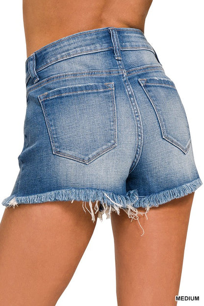 Mid Rise Raw Frayed Hem Denim Shorts