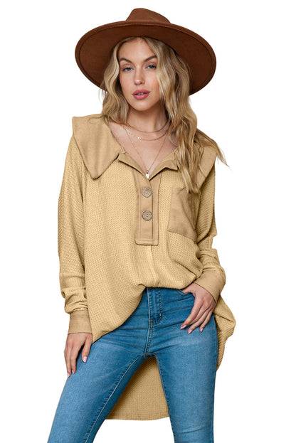 Apricot Waffle Pocket Seam Patchwork Loose Knit Top