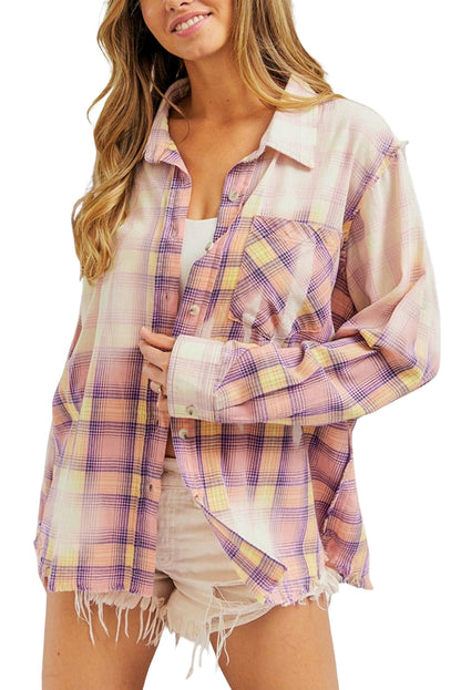 Purple Plaid Long Sleeve Collared Button Up Shirt