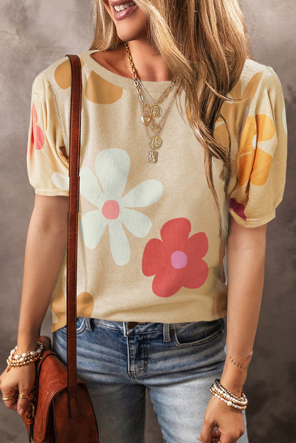 Apricot Colorful Flower Print Bubble Sleeve Tee