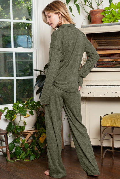 Brown Ribbed Henley Shirt and Wide Leg Pants Loungewear Set