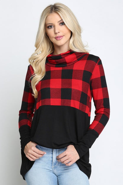 Plaid Solid Contrast Long Sleeve Turtle Neck Top